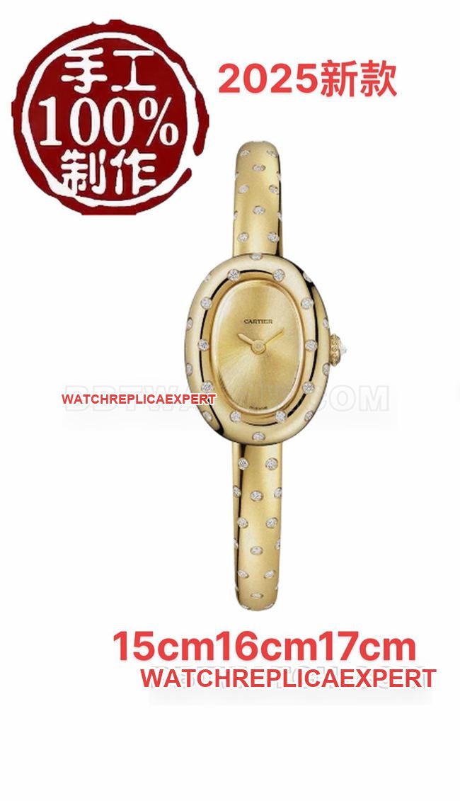 Top-replica watch BBA factory bathtub Cartier gold dial Moissan diamond British movement front actual photo