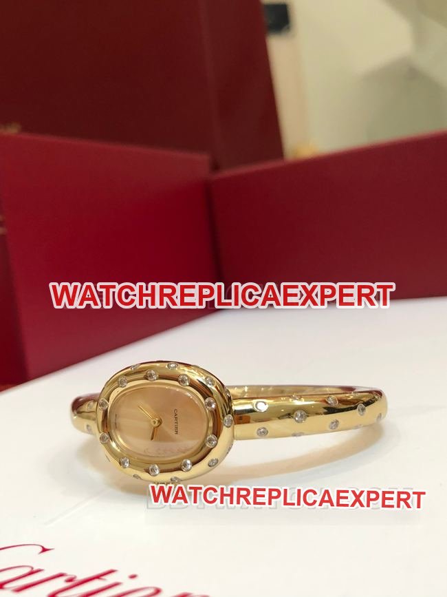Top-replica watch BBA factory bathtub Cartier gold dial Moissan diamond British movement front actual photo