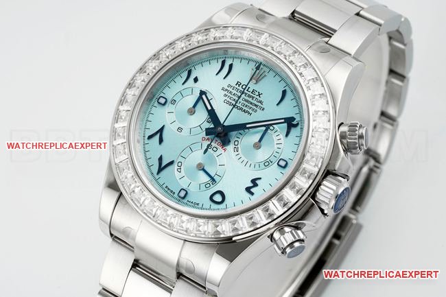 Réplica Rolex Daytona 1:1 da PPM Factory com mostrador azul gelo, algarismos arábicos e moldura Morganite — luxury replica watch guide | Watch Replica Expert