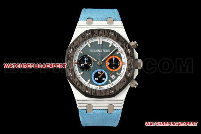 Top Replik-Uhr Diw Factory Royal Oak Audemars Piguet Chronograph mit grauem Zifferblatt, weißem Quarzfasergehäuse und NTPT-Carbon-Lünette — luxury replica watch guide | Watch Replica Expert