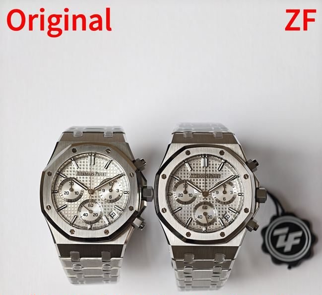 Chronographe Audemars Piguet Royal Oak 26240 à cadran argenté : réplique ZF Factory haut de gamme vs authentique, détail de la Grande Tapisserie comparée — luxury replica watch guide | Watch Replica Expert