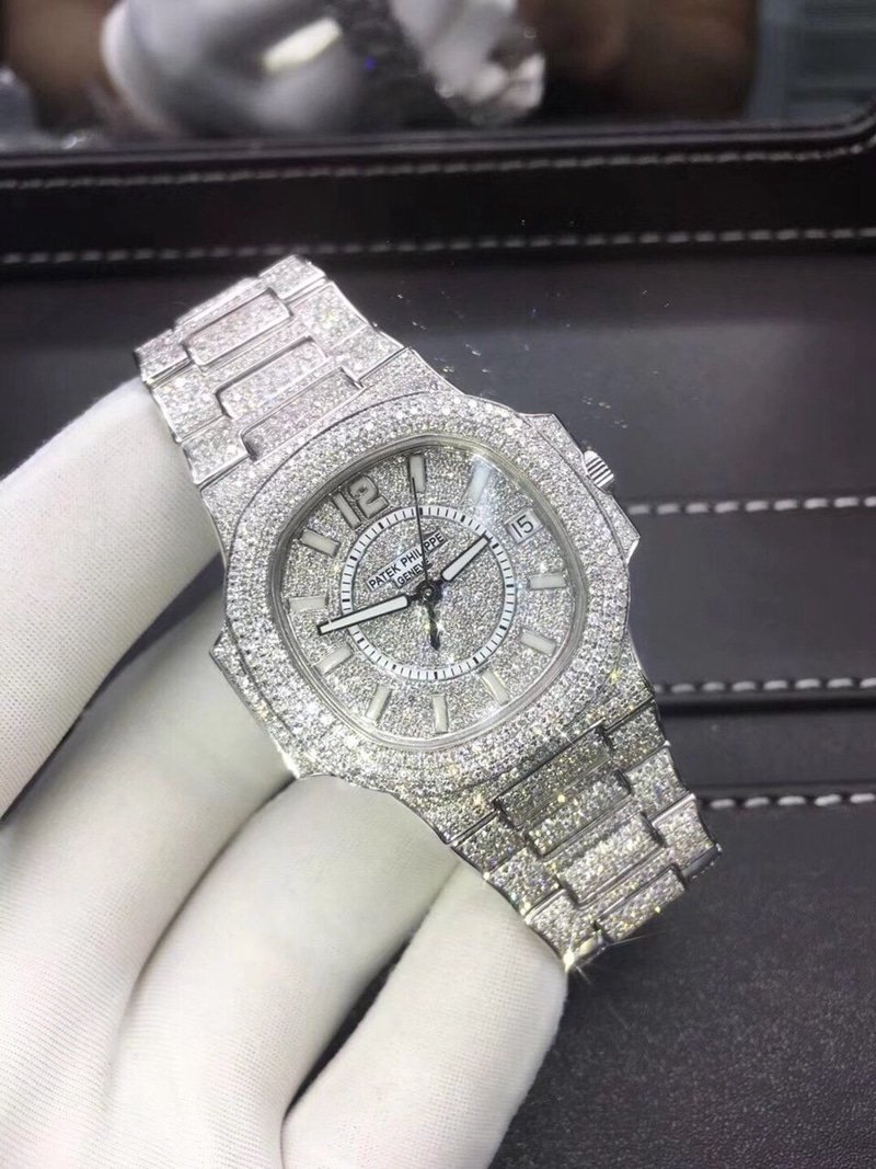 Patek Women's Nautilus 18K Gold Full Diamonds 37mm Front View