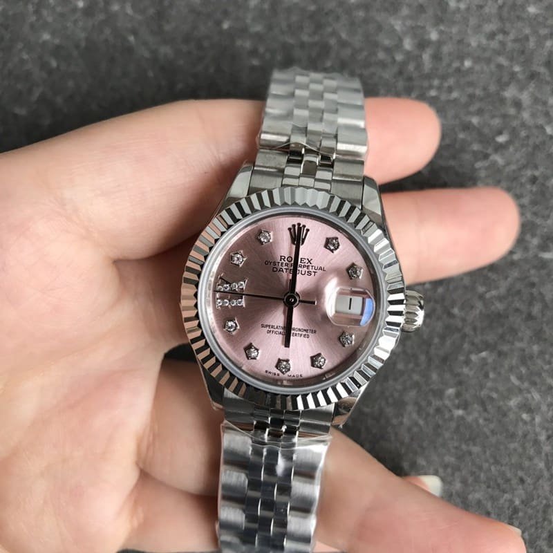 super clone Rolex ladies watch, Datejust 28mm, mechanical watch, pink dial, front view