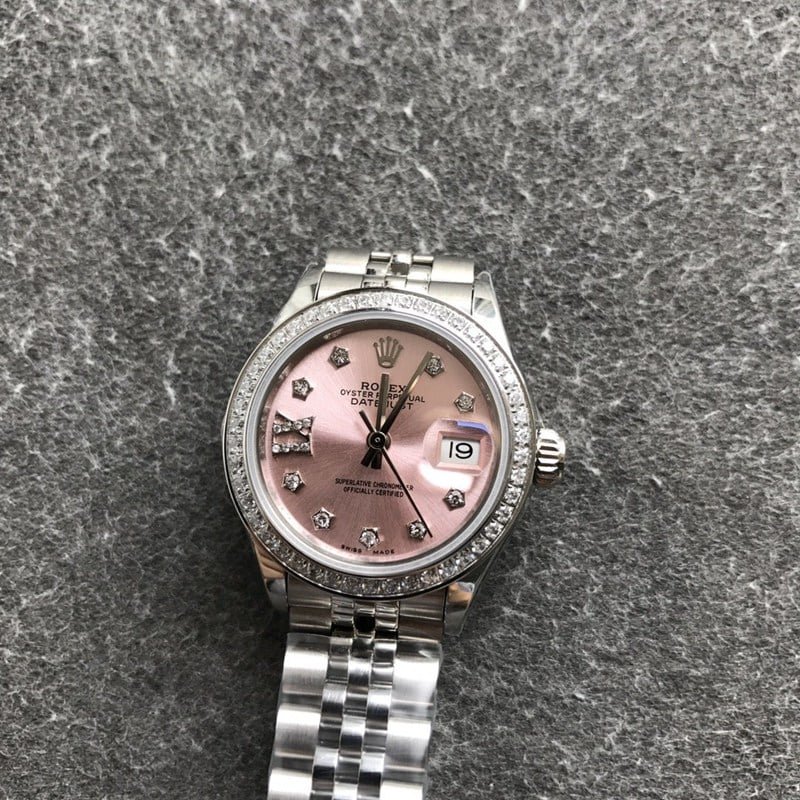 Replica Rolex Lady-Datejust 28mm diamond bezel mechanical watch pink dial front view