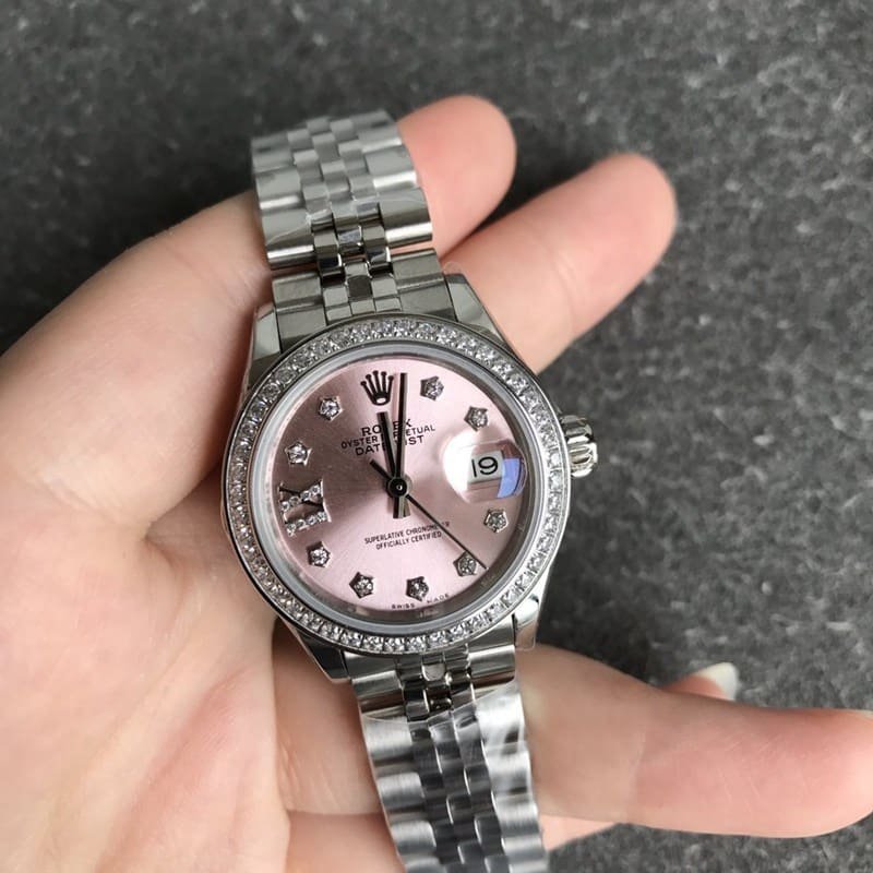 Replica Rolex Lady-Datejust 28mm diamond bezel mechanical watch pink dial front view