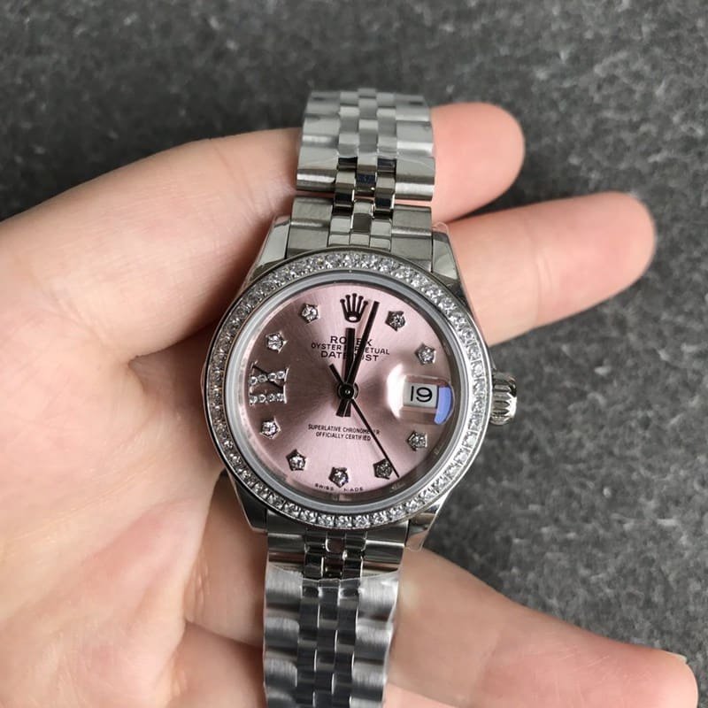 Replica Rolex Lady-Datejust 28mm diamond bezel mechanical watch pink dial front view