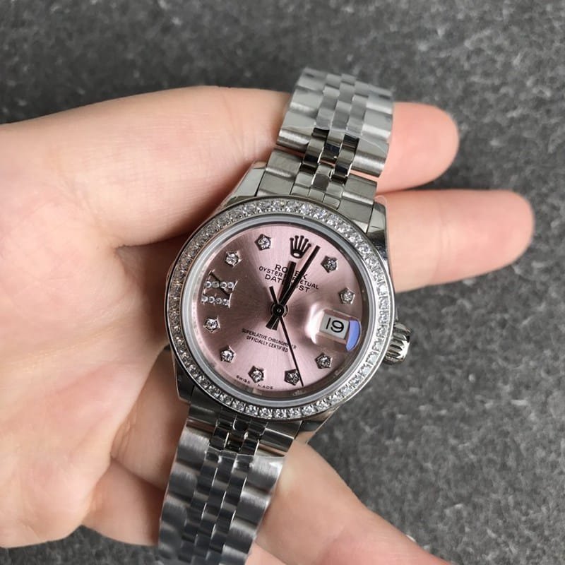 Replica Rolex Lady-Datejust 28mm diamond bezel mechanical watch pink dial front view