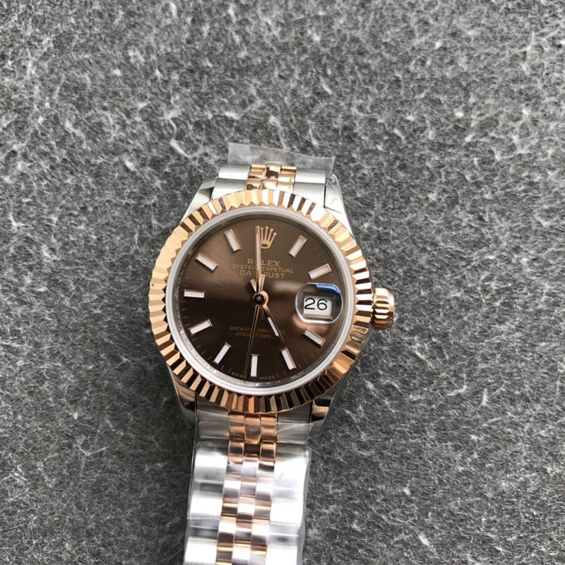 Replica Rolex Datejust watch for women, 28mm, mechanical, with a tiger tooth bezel, rose gold case, and coffee-colored dial, front view.
