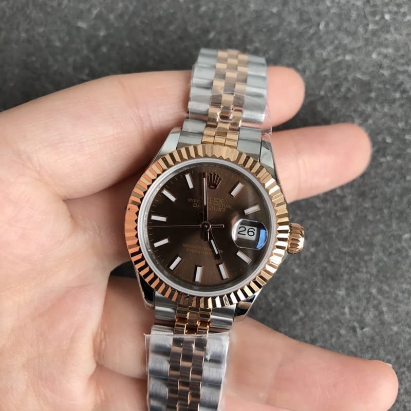 Replica Rolex Datejust watch for women, 28mm, mechanical, with a tiger tooth bezel, rose gold case, and coffee-colored dial, front view.