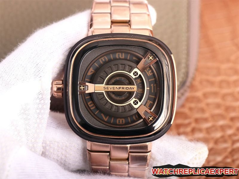 Seven day display five replica watch SEVENFRIDAY/automatic movementmen's watch Swiss steel bracelet large dialrose gold color front view