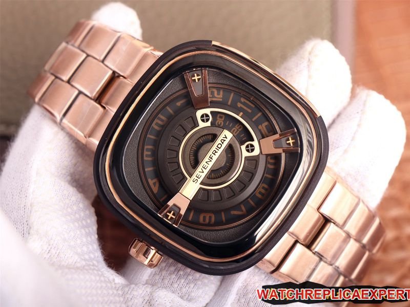 Seven day display five replica watch SEVENFRIDAY/automatic movementmen's watch Swiss steel bracelet large dialrose gold color front view