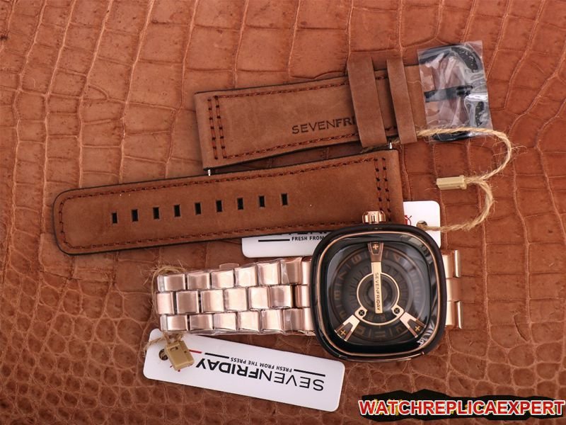 Seven day display five replica watch SEVENFRIDAY/automatic movementmen's watch Swiss steel bracelet large dialrose gold color front view