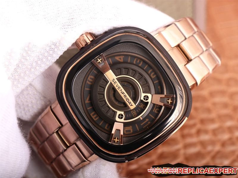 Seven day display five replica watch SEVENFRIDAY/automatic movementmen's watch Swiss steel bracelet large dialrose gold color front view