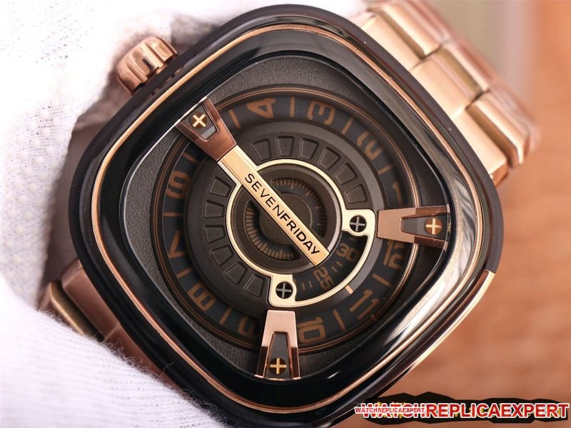 Seven day display five replica watch SEVENFRIDAY/automatic movementmen's watch Swiss steel bracelet large dialrose gold color front view