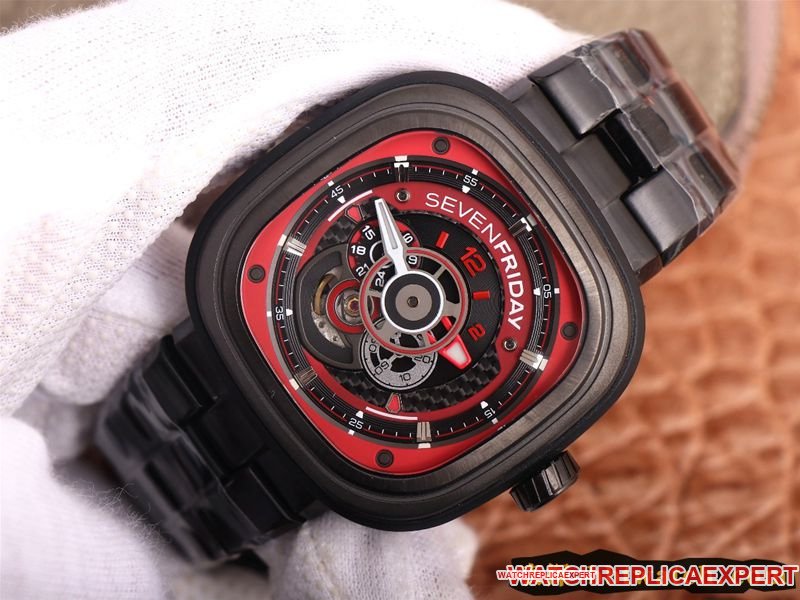 Replica watch seven day display five red and black colors lead the trend SEVENFRIDAY/automatic movementmen's watch Swiss steel bracelet large dial all black front view