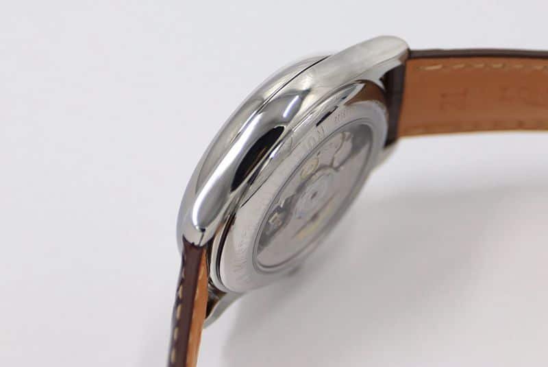 GS factory Longines famous craftsman series moon phase watch replica watch white dial brown bracelet side view