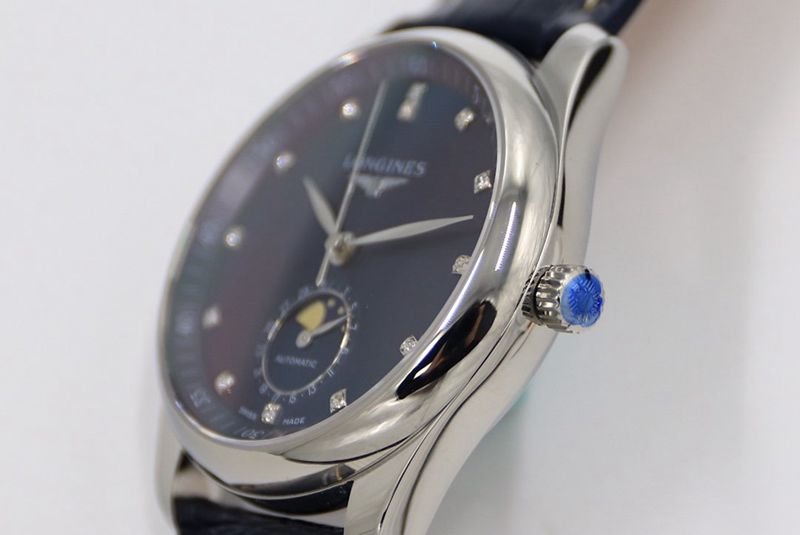 GS factory Longinesreplica watch master series moon phase watch blue dial diamond scale detail shots