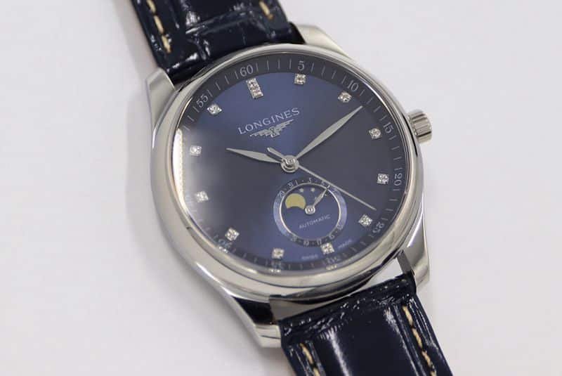 GS factory Longinesreplica watch master series moon phase watch blue dial diamond scale front view