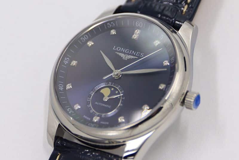GS factory Longinesreplica watch master series moon phase watch blue dial diamond scale front view