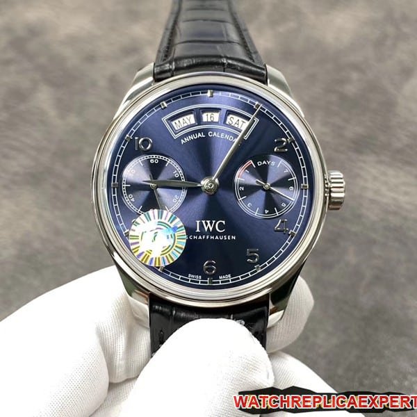 ZFIWCtop-tiersuper clone watch Portuguese series perpetual calendar date day display month blue dial dynamic display front view
