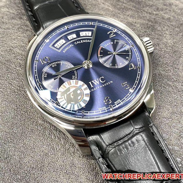 ZFIWCtop-tiersuper clone watch Portuguese series perpetual calendar date day display month blue dial dynamic display front view