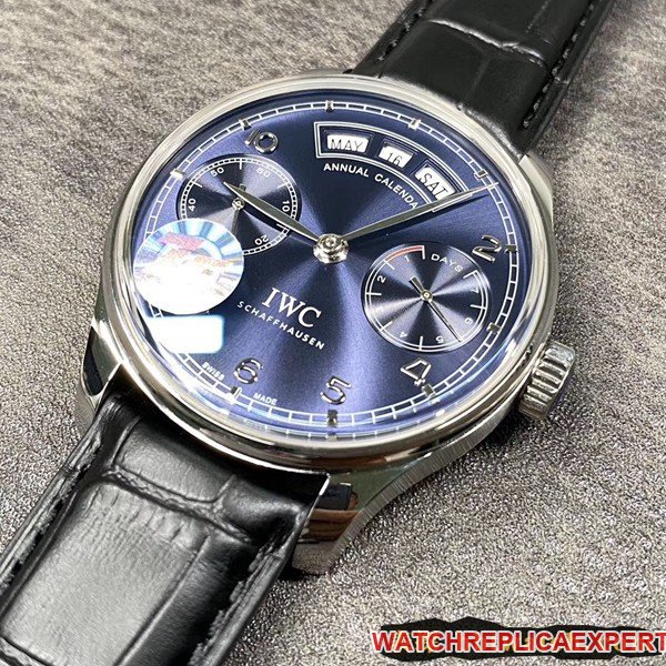 ZFIWCtop-tiersuper clone watch Portuguese series perpetual calendar date day display month blue dial dynamic display front view