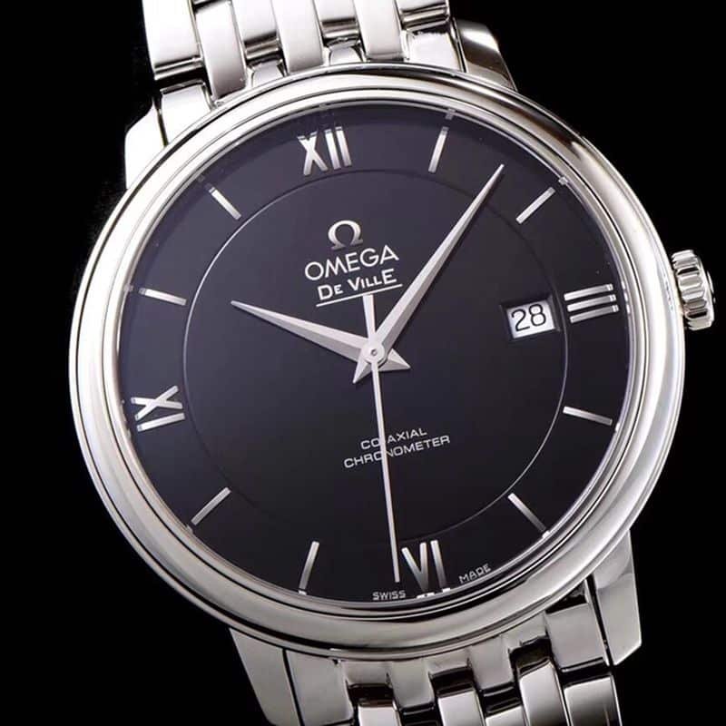 Omegatop-tiersuper clone watch De Ville series men's mechanical ultra-thin watch white steel black face front view