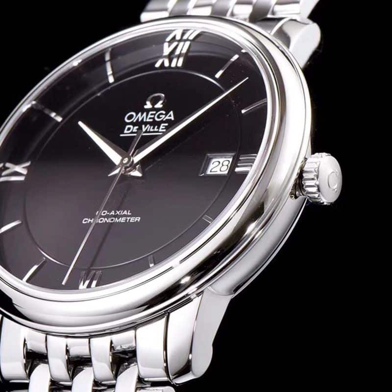 Omegatop-tiersuper clone watch De Ville series men's mechanical ultra-thin watch white steel black face detail shots