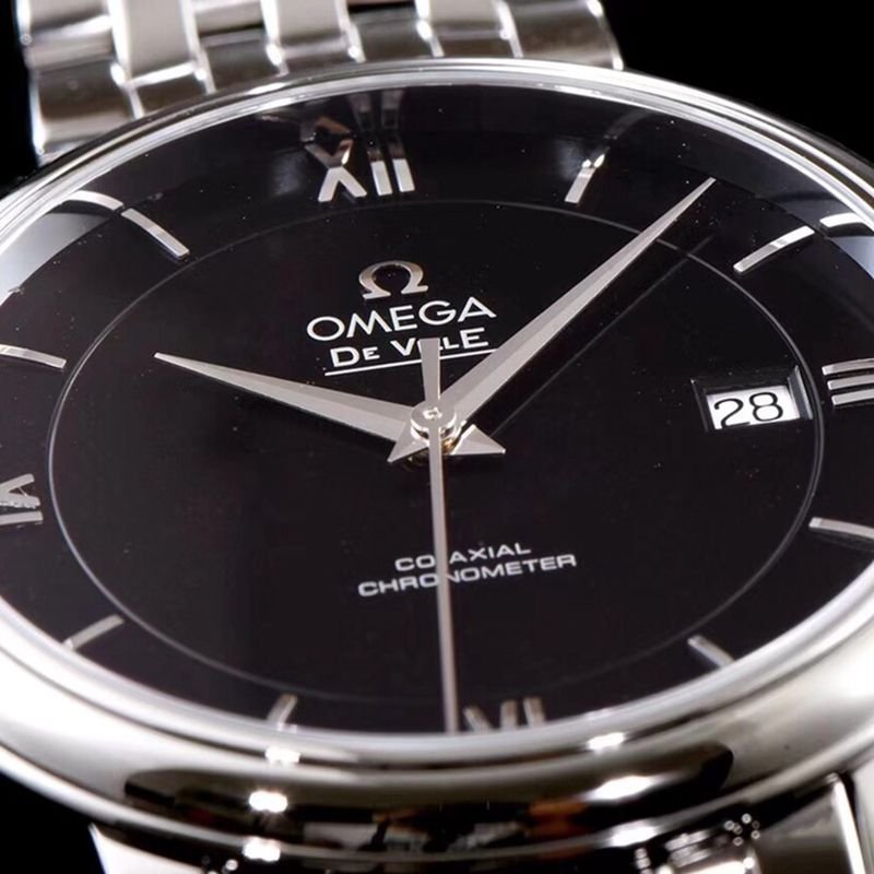 Omegatop-tiersuper clone watch De Ville series men's mechanical ultra-thin watch white steel black face detail shots