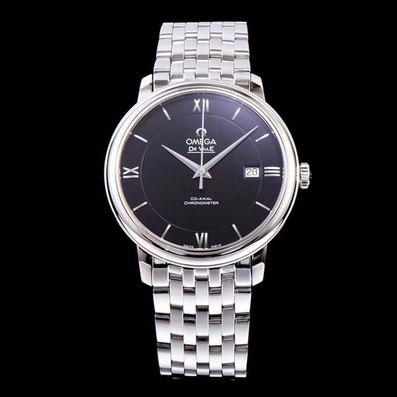 Omegatop-tiersuper clone watch De Ville series men's mechanical ultra-thin watch white steel black face front view