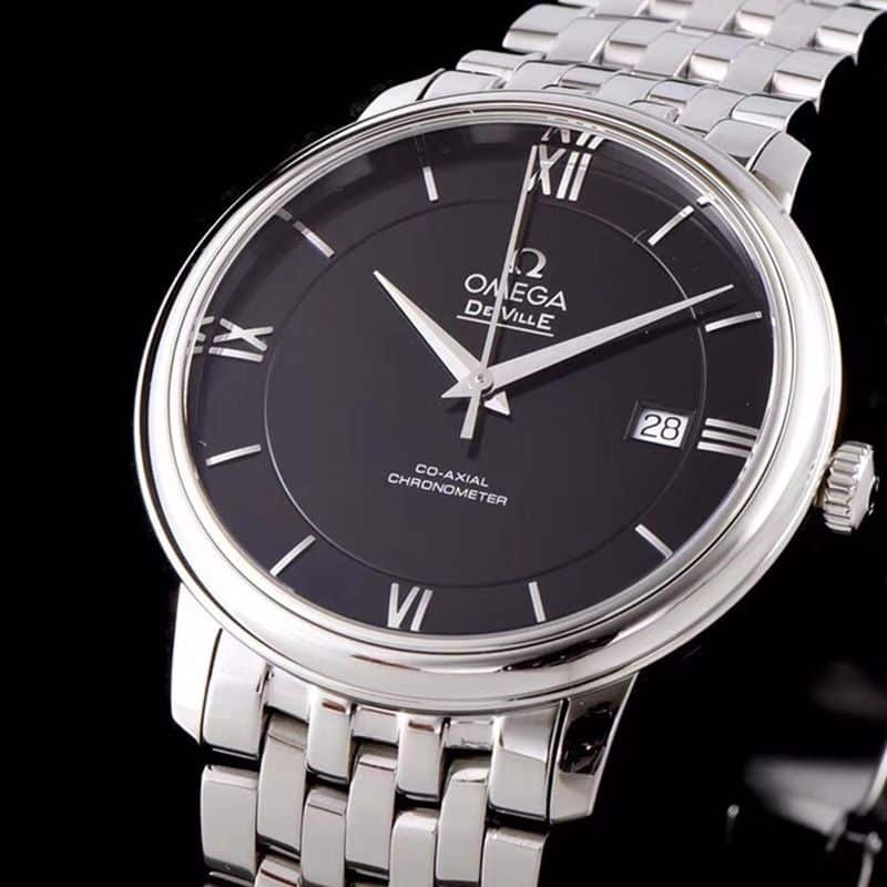 Omegatop-tiersuper clone watch De Ville series men's mechanical ultra-thin watch white steel black face front view