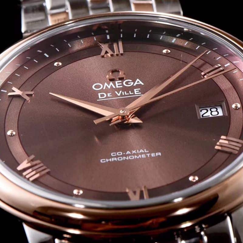 Fine imitation Omega watches Dafydd series men's mechanical ultra-thin watch between rose gold steel belt coffee face details picture