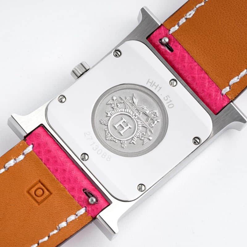 top-tiersuper cloneHermès ladies' watchHeureH series quartz square fashion watch pink braceletwhite dial back cover picture