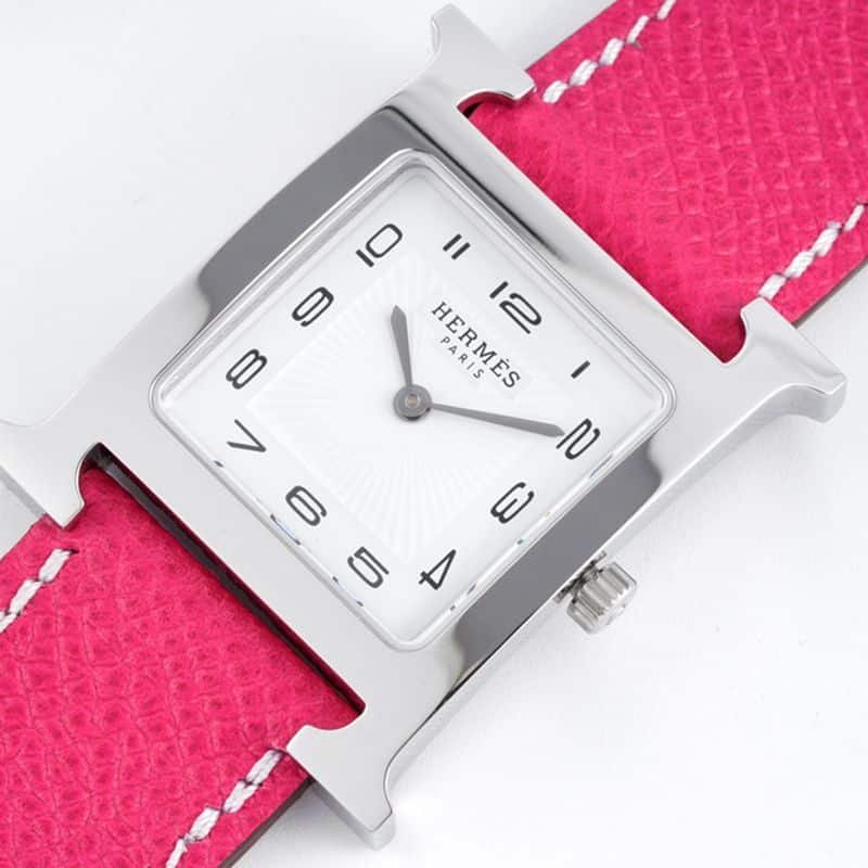 top-tiersuper cloneHermès ladies' watchHeureH series quartz square fashion watch pink braceletwhite dial front view