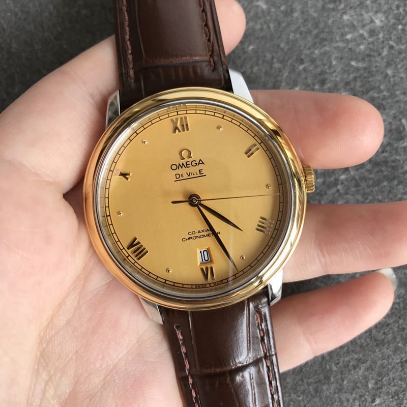 Omegatop-tier replica watch Diefei series men's gold plate leather strap mechanical watch front view