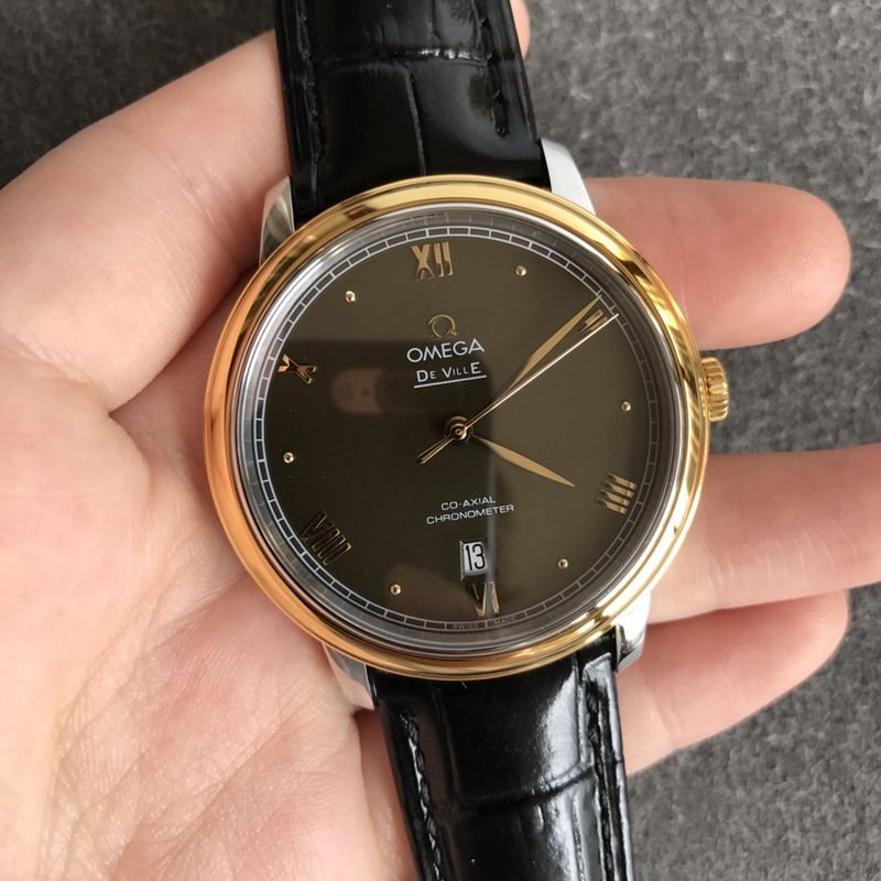 Omegatop-tier replica watch De Ville series men's leather strapblack dial watch front view