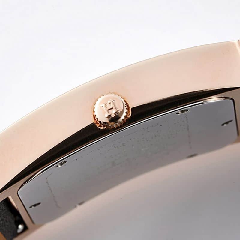 Hermès top-tierhigh-quality replica watch HeureH three-hand series ladies leather straprose goldwhite dial watch side view