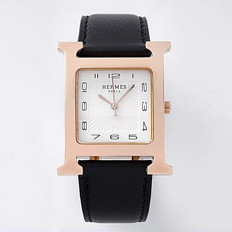 Hermès top-tierhigh-quality replica watch HeureH three-hand series ladies leather straprose goldwhite dial watch front view