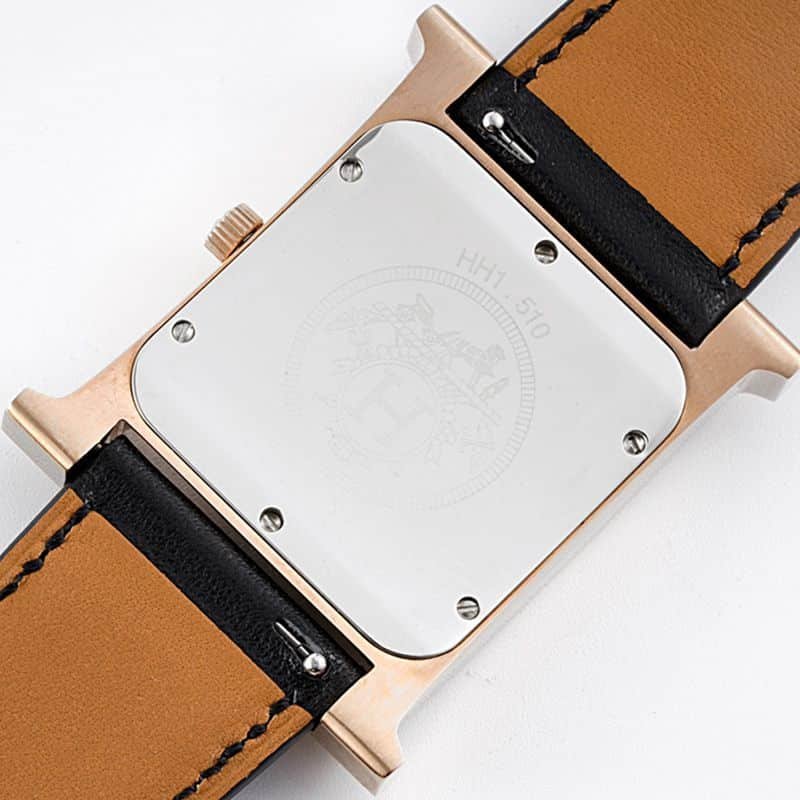 Hermès top-tierhigh-quality replica watch HeureH three-hand series ladies leather straprose goldwhite dial watch back cover picture