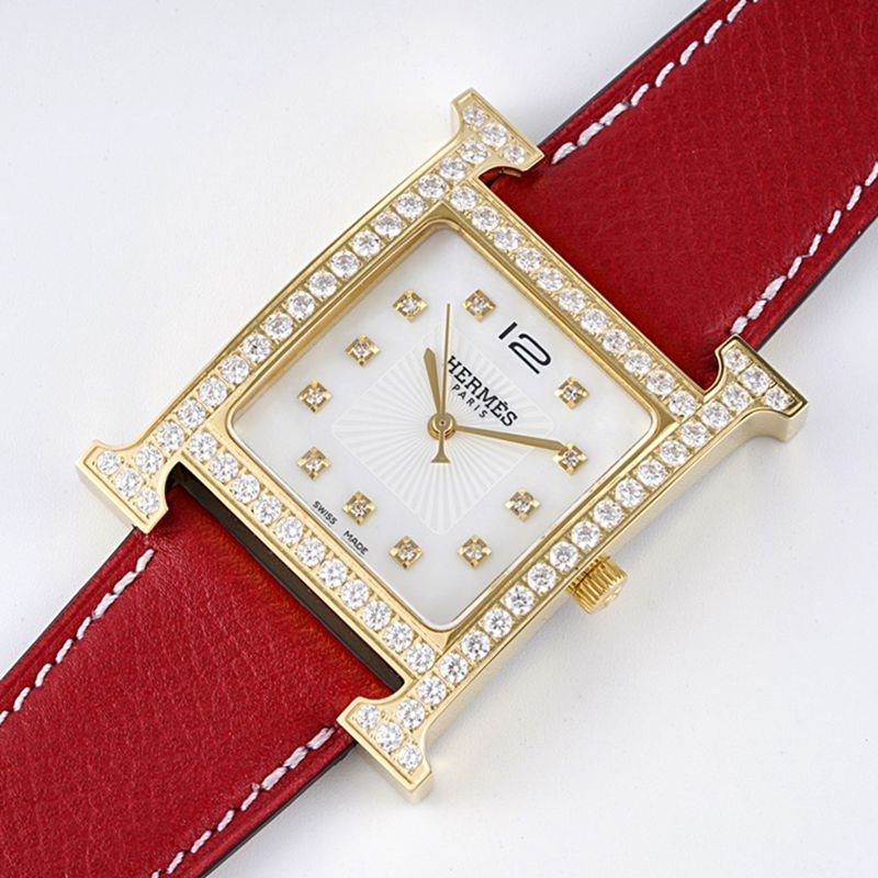 Hermès top-tierhigh-quality replica watch HeureH three-hand series ladies leather strapwhite dial gold watch front view
