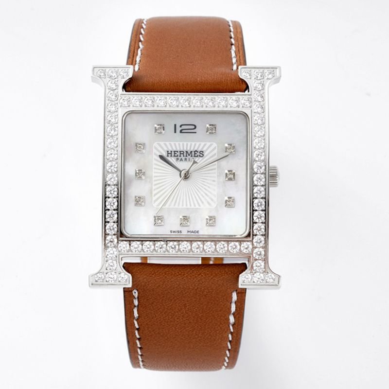 Hermès top-tier super clone watch HeureH three-hand series ladies leather strapwhite dialdiamond watch front view