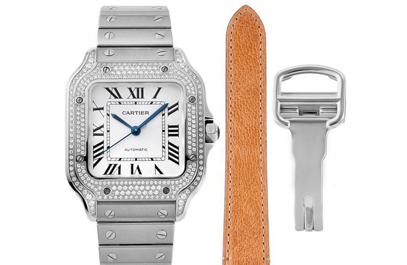 Cartiertop-tiersuper clone watch Santos series ladies steel braceletdiamondwhite dial watch front view