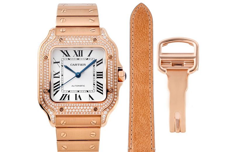 Reloj de pulsera de acero para mujer de la colección Cartier Santos con esfera blanca engastada de diamantes y detalles en oro rosa — luxury replica watch guide | Watch Replica Expert