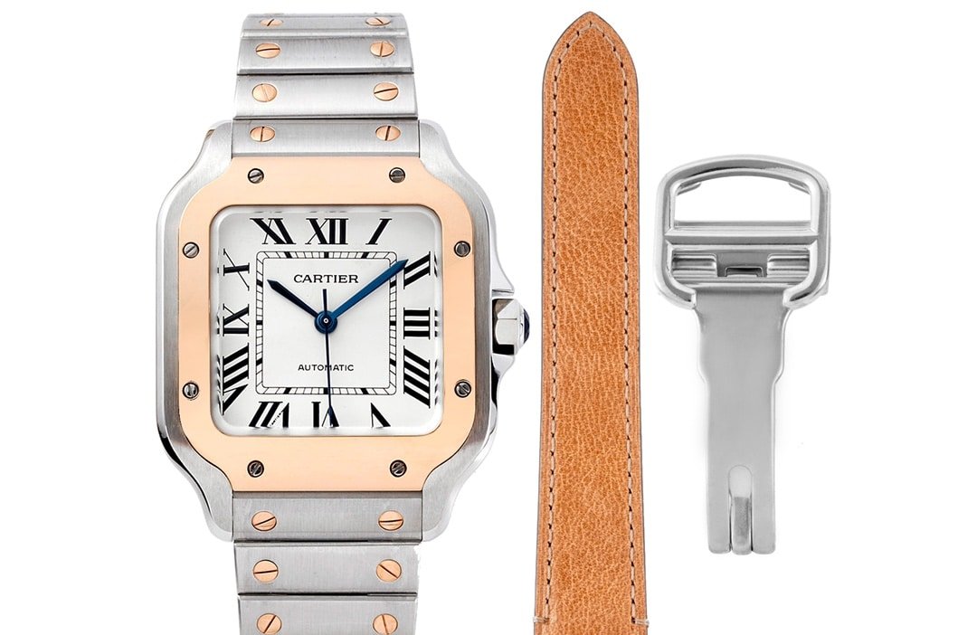 Cartier Santos Pulsera de acero para mujer, esfera blanca en oro rosa, versión más alta Super Clone BV con esfera con efecto rayo de sol — luxury replica watch guide | Watch Replica Expert