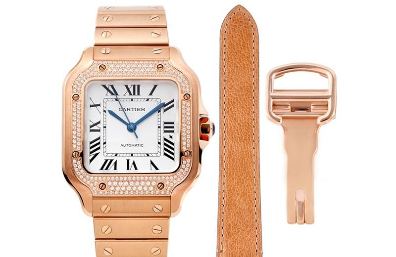 Cartier Santos de Cartier Reloj para mujer en oro rosa con diamantes, esfera blanca rayos de sol y pulsera de acero SmartLink — luxury replica watch guide | Watch Replica Expert
