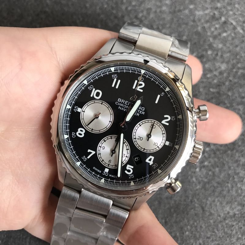Breitlingtop-tiersuper clone watch pilot 8 series men's steel bracelet black dial watch front view