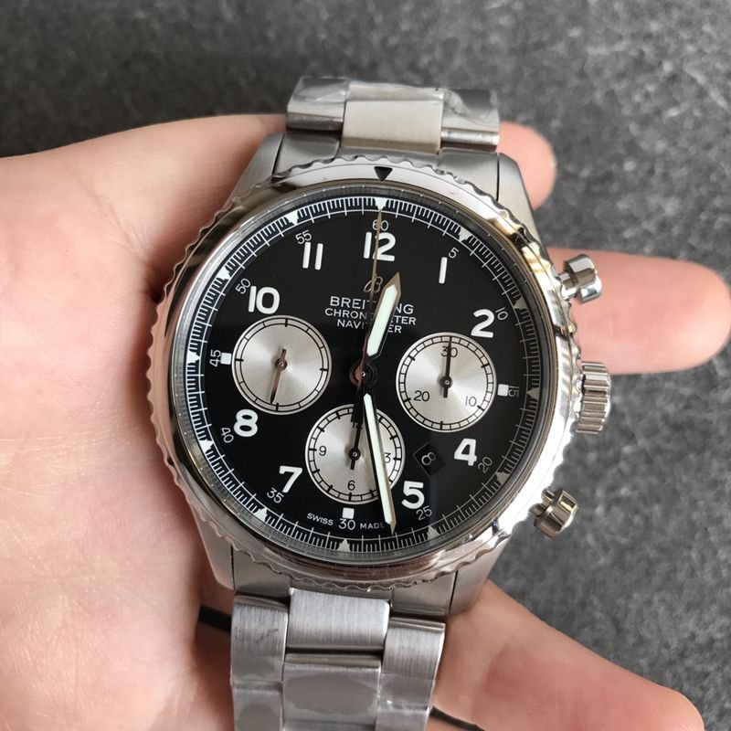 Breitlingtop-tiersuper clone watch pilot 8 series men's steel bracelet black dial watch front view