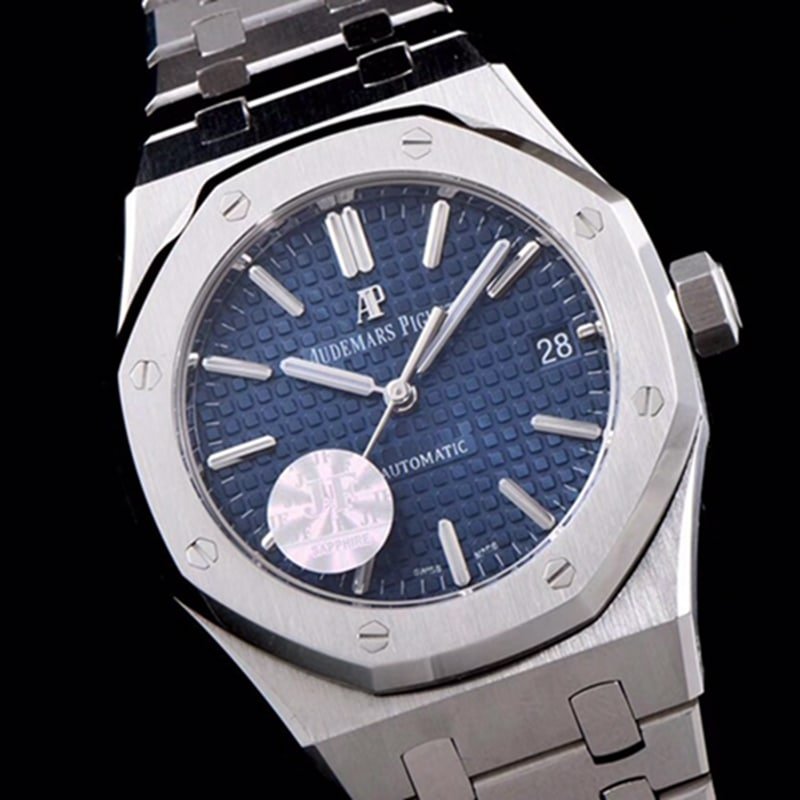 top-tier replica watch Audemars Piguet men's blue dial mechanical steel bracelet watch front view