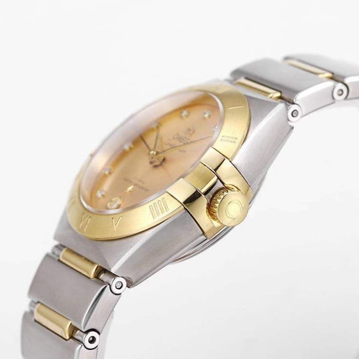 top-tier replica watch Omega women's gold plate constellation series steel bracelet watch side view