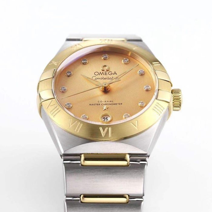 top-tier replica watch Omega women's gold plate constellation series steel bracelet watch detail shots
